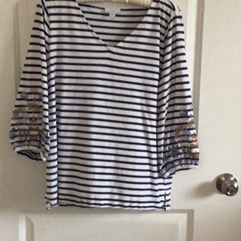 Striped V-Neck Boatneck Top with Embroidered Sleeve Detail - Navy/White